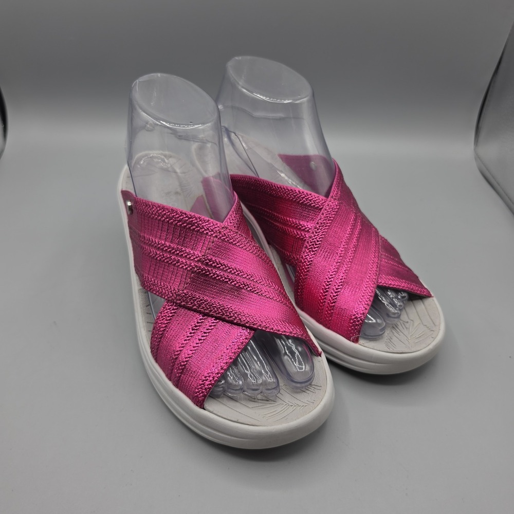 Bzees Sandals Womens 7 M Vista Pink Magenta Metallic Straps Slide Wedge Platform